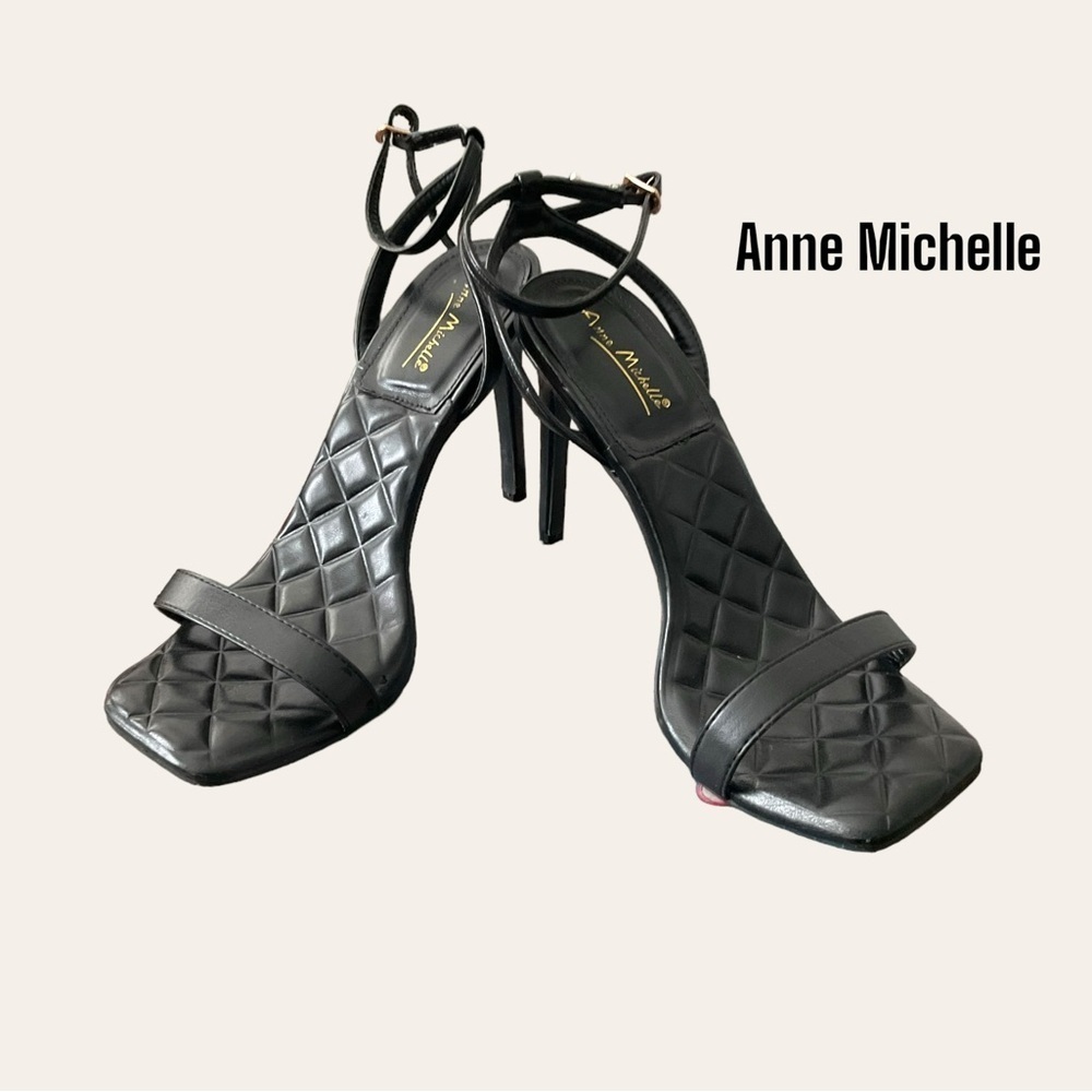 Anne Michelle Black Patent Peep Square Toe Strap High Heel Shoe Stiletto Sz 9/39